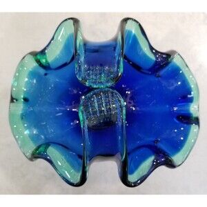 White Cristal blue Murano glass basket bowl with blue green edge vintage